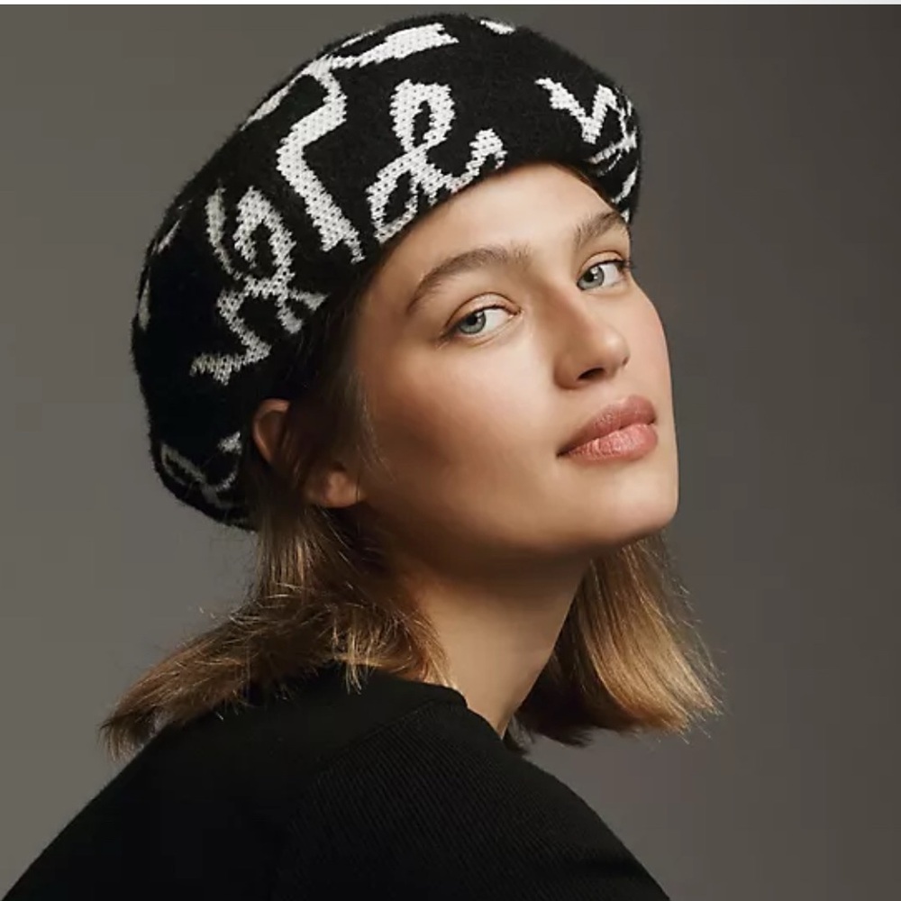 Anthropologie Maeve Black and White Bow Beret Hat